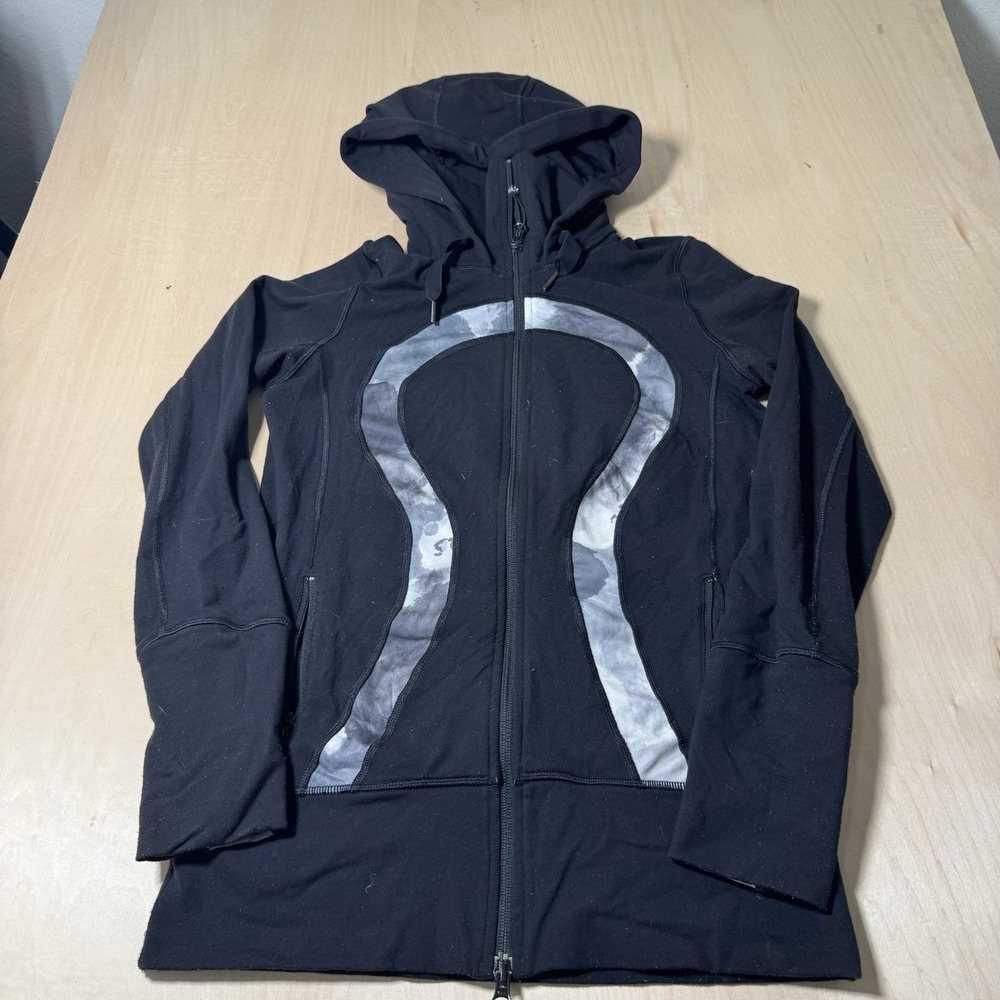 Lululemon Stride Jacket Hooded Zipper Black Gray Grey size 6 Big logo